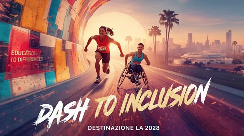 Elaborato grafico che rappresenta un paratleta in carrozzina che corre con un atleta normodotato